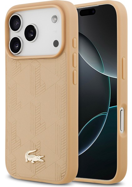 iPhone 17 Pro Uyumlu Kılıf Lacoste Lisanslı M-Safeli Pu Deri Karışık Monogram Desenli Kapak Bej