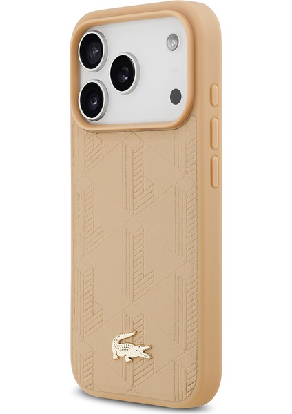 iPhone 17 Pro Uyumlu Kılıf Lacoste Lisanslı M-Safeli Pu Deri Karışık Monogram Desenli Kapak Bej modelleri