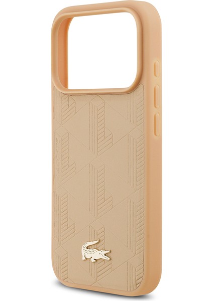 iPhone 17 Pro Uyumlu Kılıf Lacoste Lisanslı M-Safeli Pu Deri Karışık Monogram Desenli Kapak Bej