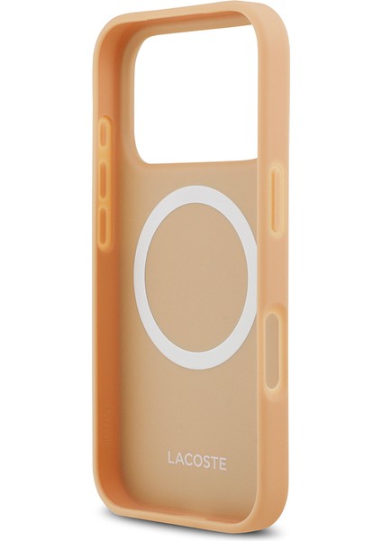 iPhone 17 Pro Uyumlu Kılıf Lacoste Lisanslı M-Safeli Pu Deri Karışık Monogram Desenli Kapak Bej