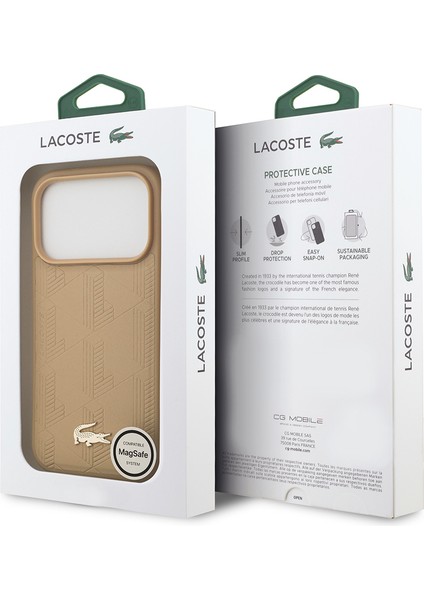 iPhone 17 Pro Uyumlu Kılıf Lacoste Lisanslı M-Safeli Pu Deri Karışık Monogram Desenli Kapak Bej