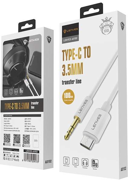 AX102 Type-C To 3.5mm Aux Audio Kablo 1m Beyaz