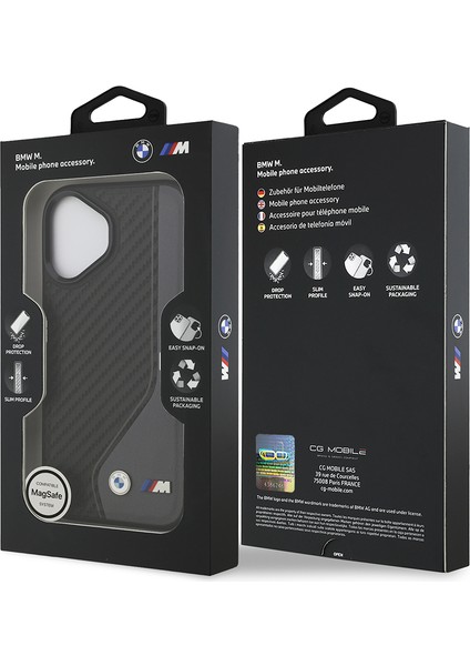 iPhone 17 Uyumlu Kılıf Bmw Lisanslı M-Safeli Metal Bmw ve M Logolu Pu Karbon Tasarım Kapak Siyah