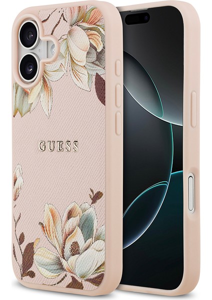 iPhone 17 Uyumlu Kılıf Guess Lisanslı M-Safeli Taneli Çiçek Tasarımlı Metal Yazı Logolu Kapak Pembe