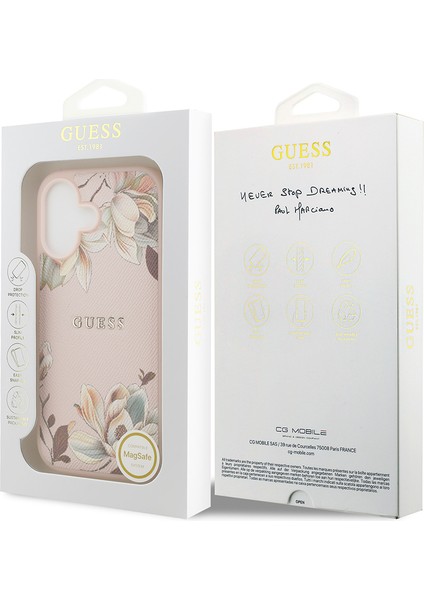 iPhone 17 Uyumlu Kılıf Guess Lisanslı M-Safeli Taneli Çiçek Tasarımlı Metal Yazı Logolu Kapak Pembe