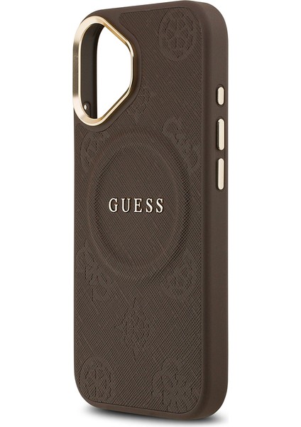 iPhone 17 Uyumlu Kılıf Guess Lisanslı M-Safeli Sıcak Baskılı Yazı Logolu Pu Deri Peony Kahverengi