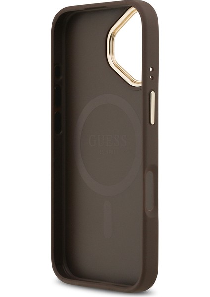 iPhone 17 Uyumlu Kılıf Guess Lisanslı M-Safeli Sıcak Baskılı Yazı Logolu Pu Deri Peony Kahverengi