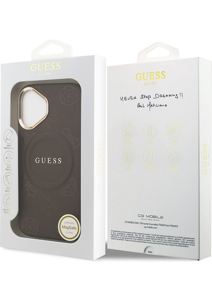 iPhone 17 Uyumlu Kılıf Guess Lisanslı M-Safeli Sıcak Baskılı Yazı Logolu Pu Deri Peony Kahverengi