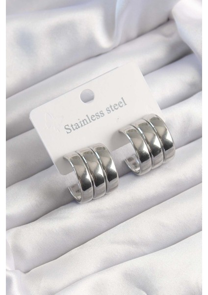 316L Çelik Gümüş Renk 3lü Görünüm Bombe Model Yarım Halka Küpe - TJ-BKP9490 modelleri