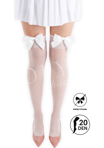 Sofya Passion Beyaz Fiyonklu Diz Üstü Beyaz Jartiyer Çorap - Burun Takviyeli, Dayanıklı Esnek Beyaz Kadın Çorabı