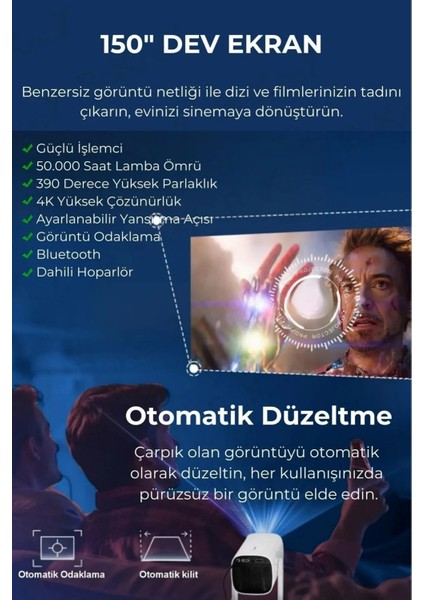 K2 Şarjlı Projeksiyon Cihazı Android Bluetooth Ev Sineması Projektör