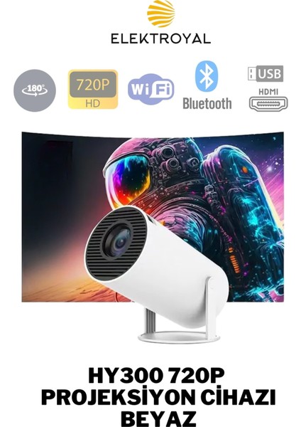 HY300 720P Android Wireless Bluetooth Destekli 180 Derece Dönebilen Projeksiyon Cihazı Beyaz