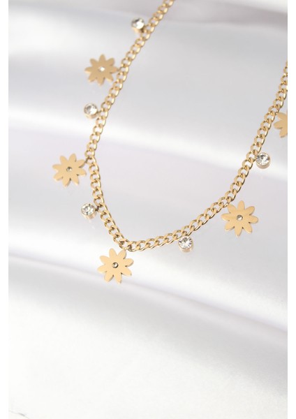 316L Çelik Taşlı Gold Renk Çoklu Çiçek Kolye - TJ-BKO8480 modelleri