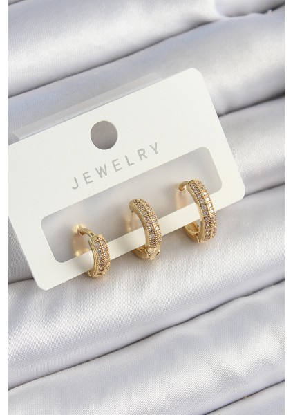 Pirinç Zirkon Taşlı Yıldız Model Gold Renk 3'lü Çift Kadın Küpe Set