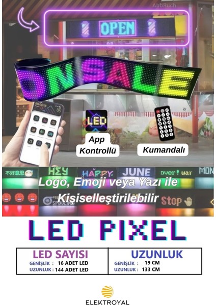 Pixel LED Kumandalı Dijital Dinamik LED Kişiselleştirilebilir Kayan Yazı Ev Ofis Araç Uyumlu LED