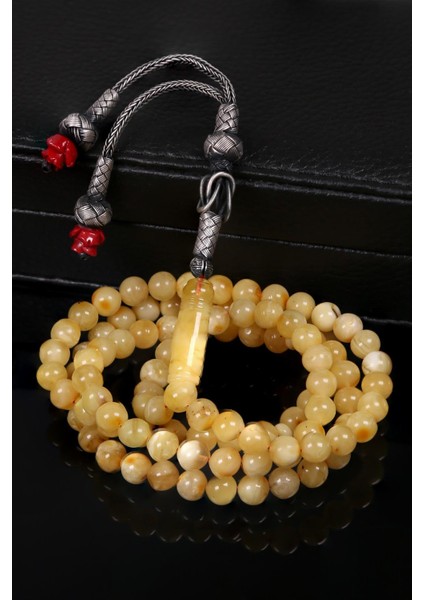 Gül Detaylı Gümüş Kazazlı 99'luk Kaya Damla Kehribar Tesbih