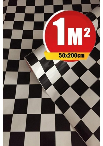 Bien Exclusive (50CM x 2mt), 1 M² cm Siyah Beyaz Kare Dama Yapışkanlı Kaplama Pvc Folyo F-08