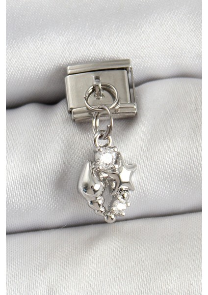 316L Çelik Sallantılı Zirkon Taşlı Deniz Kabuğu Ve Yıldız Model Gümüş Renk Nomination Charm