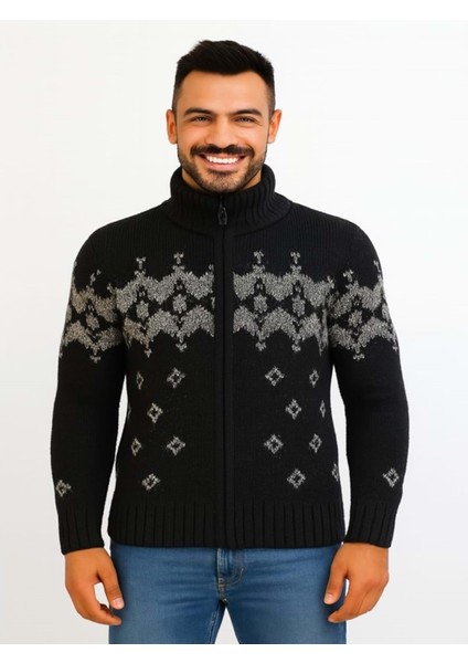 Cool T00575 Erkek Desenli Triko Hırka - Siyah - ST00575-SIYAH-L