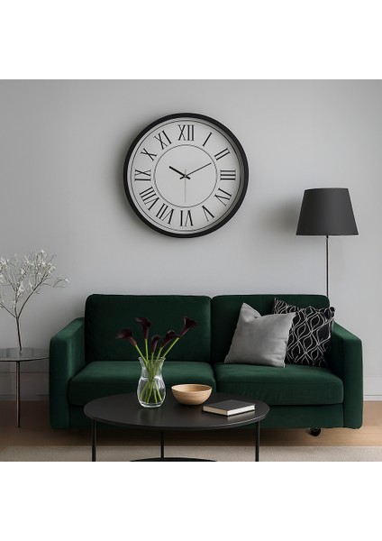 Dekoratif 55CM Siyah Metal Kasa Duvar Saati –cam Ön Yüzey, Roma Rakamlı,sessiz Mekanizma-Piano Siyah