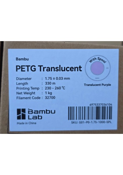 Petg Translucent Mor Filament 1,75MM 1kg fiyatları