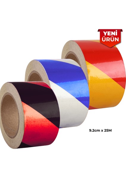 Reflektif Fosforlu Çapraz Şerit Bant, Çift Renk Reflekte Ikaz Bandı 9.2cm x 25M Sarı Kırmızı 6107