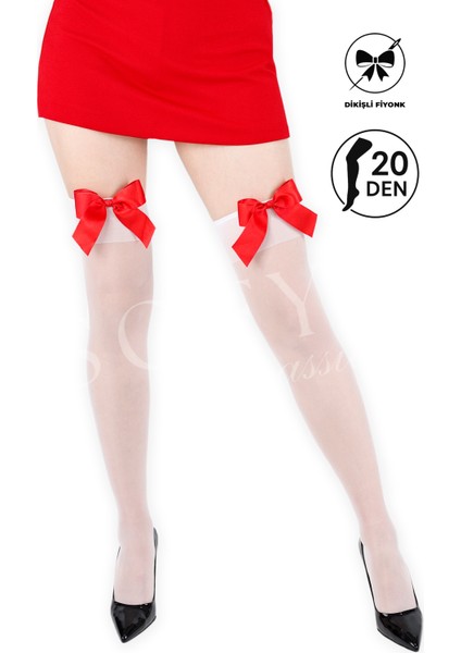 Sofya Passion Kırmızı Fiyonklu Diz Üstü Beyaz Jartiyer Çorap - Burun Takviyeli, Dayanıklı Esnek Beyaz Kadın Çorabı