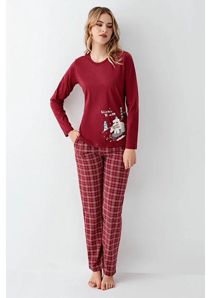 Uzun Kol Ekoseli Kadın Pijama Takım 3445