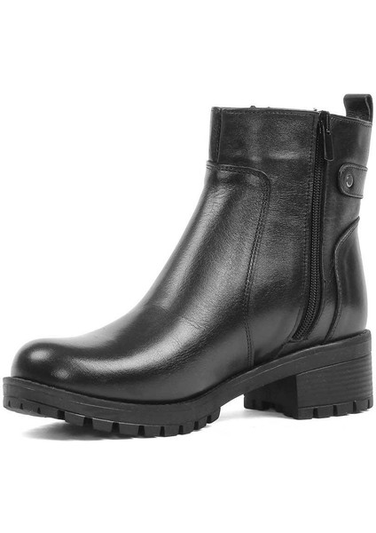 Kadın Siyah Çift Fermuarlı Kalın Topuklu Deri Bot