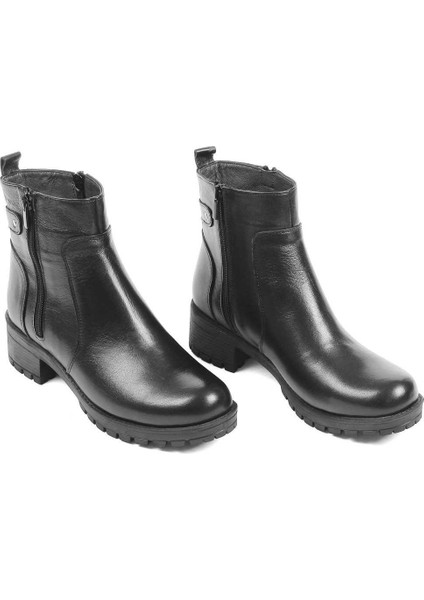 Kadın Siyah Çift Fermuarlı Kalın Topuklu Deri Bot