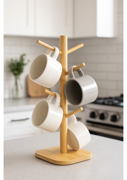 Bambu 6 Askılı Kupa Bardak Standı – Mutfak Tezgahı Düzenleyici ve Bardak Kurutucu