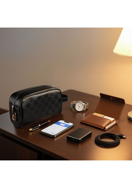 Phantom Serisi Parmak Izi Kilitli Çok Fonksiyonlu Taşınabilir Mobil Aksesuar Çantası Siyah