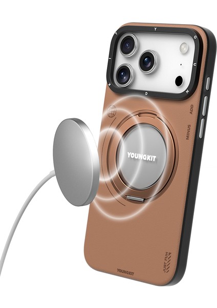 iPhone 17 Pro Max Kılıf M-Safeli Standlı Basit Mat Deri Youngkit Tech Leather Seri Kapak Kahverengi modelleri