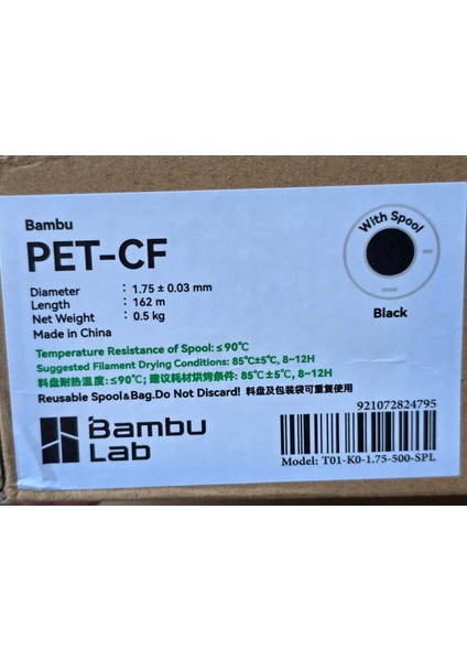 Pet-Cf Siyah Filament 1,75MM 0,5kg fiyatları