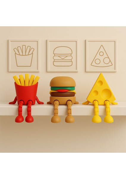 - Sevimli Fast Food Köşesi 3’lü Biblo Seti - Hamburger - Patates Kızartması - Peynir - Dekoratif Obje