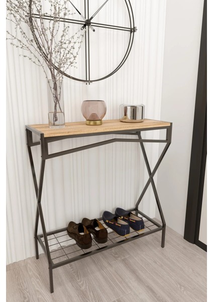 Dresuar Metal Ayaklı Çam Ahşap Raflı Dekoratif Çok Amaçlı 2 Raflı Düzenleyici Mutfak Düzenleyici