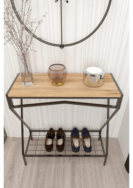 Dresuar Metal Ayaklı Çam Ahşap Raflı Dekoratif Çok Amaçlı 2 Raflı Düzenleyici Mutfak Düzenleyici