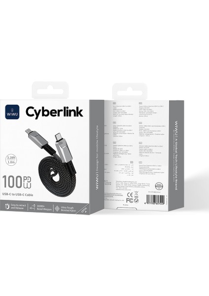 WI-C078 Cyberlink Serisi Type-C To Type-C Pd Hızlı Şarj Özellikli Şarj Kablosu 100W 1m Gümüş