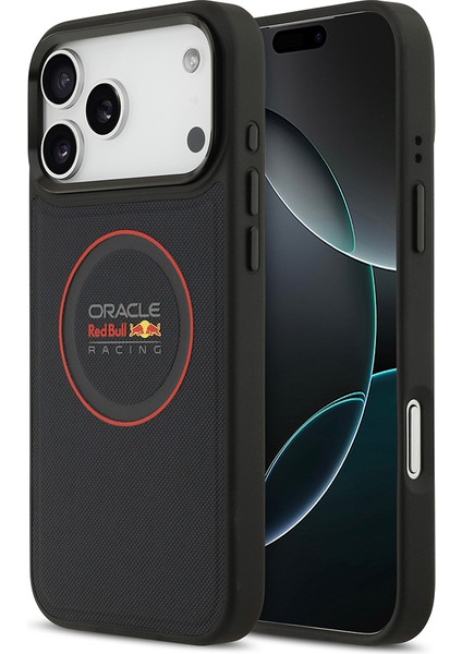 iPhone 17 Pro Max Kılıf Redbull Lisanslı M-Safeli Kırmızı Halka ve Logo Kabartma Pu Deri Kapak Siyah