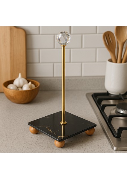 Peçetelik Kristal Toplu Altın Çubuklu Kare Cam Havluluk - Ahşap Ayaklı Kağıt Havluluk