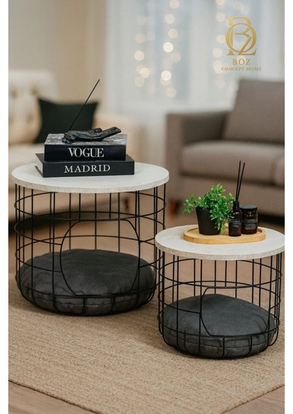 Ikili Minderli Kedi Yuvalığı Metal Zigon Sehpa Seti