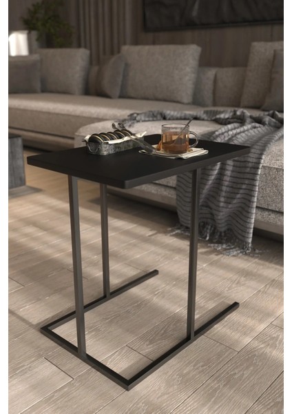 Yan Sehpa Dekoratif Metal Ayaklı Siyah Ahşap Tablalı Koltuk Yanı Çok Amaçlı Mutfak Düzenleyici