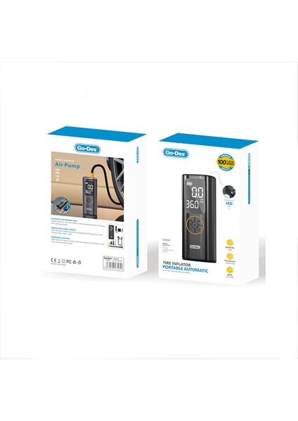 Go Des GD-B638 LED Işıklı Araç Hava Kompresörü ve Powerbank Özellikli 12V Siyah