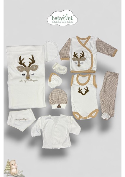 %100 Organik Pamuk 10 Parça Yenidoğan Hastane Çıkış Seti – Geyik Desenli Doğal