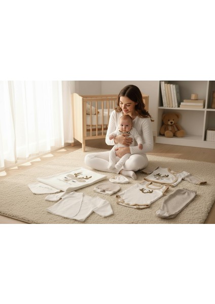%100 Organik Pamuk 10 Parça Yenidoğan Hastane Çıkış Seti – Geyik Desenli Doğal