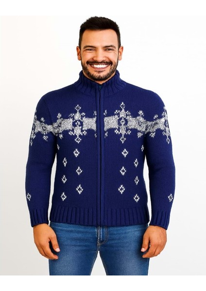 Cool T00575 Erkek Desenli Triko Hırka - Mavi - ST00575-MAVI-L