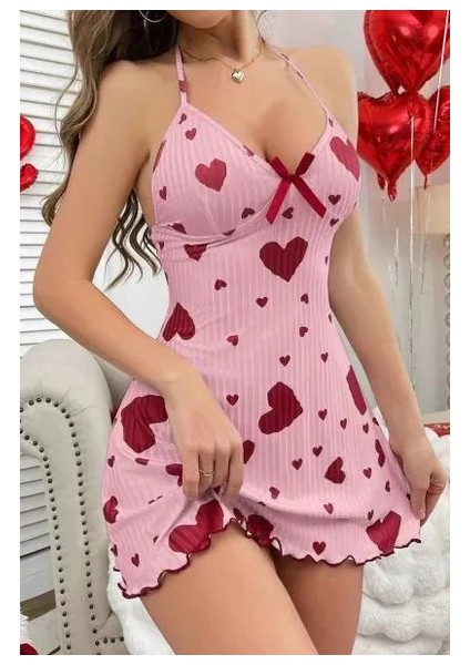 Kadın Pembe Kırmızı Kalp Desenli Askılı Sırt Dekolteli Elbise 5064