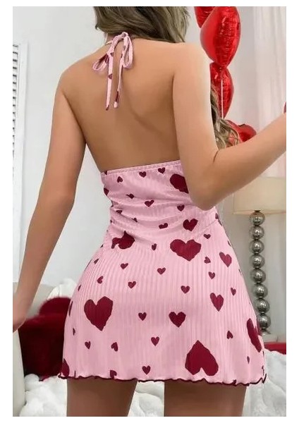 Kadın Pembe Kırmızı Kalp Desenli Askılı Sırt Dekolteli Elbise 5064 fiyatları