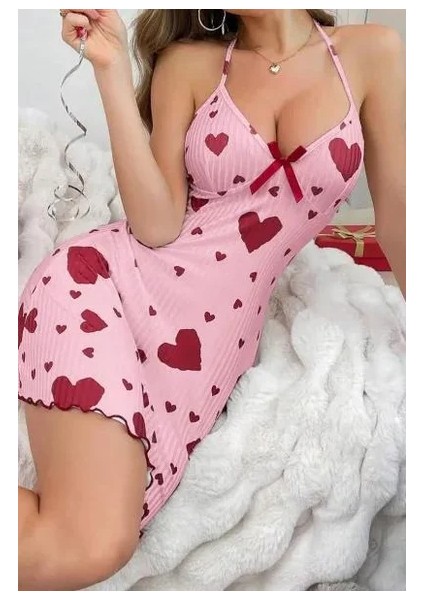 Kadın Pembe Kırmızı Kalp Desenli Askılı Sırt Dekolteli Elbise 5064 modelleri