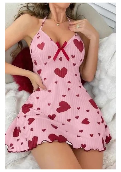 Kadın Pembe Kırmızı Kalp Desenli Askılı Sırt Dekolteli Elbise 5064 indirimleri